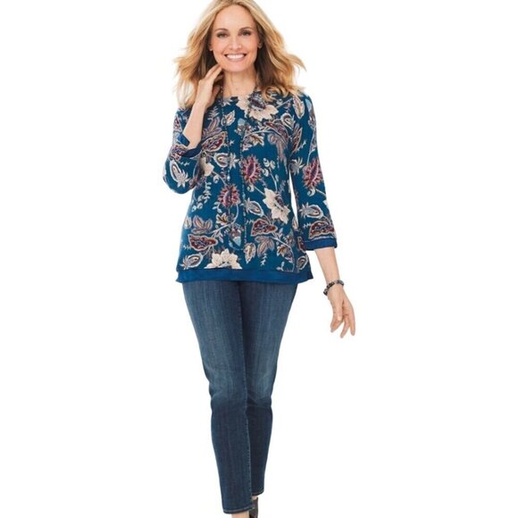 Chico's Floral Woven Trim Pullover Sweater Size L - Picture 5 of 12